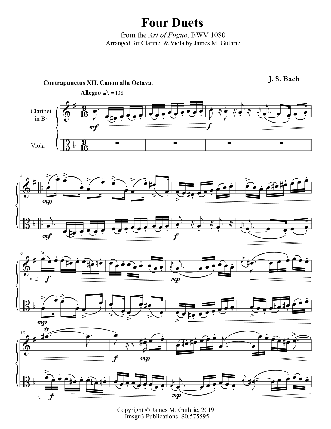 Bach: Four Duets from the Art of Fugue for Clarinet & Viola (arr. James M. Guthrie)