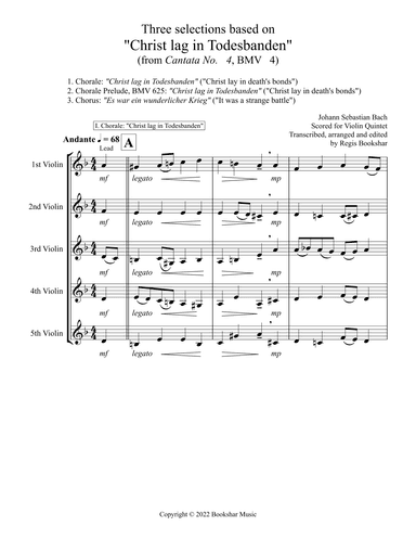 Three selections based on "Christ lag in Todesbanden" (Violin Quintet) (arr. Regis Bookshar)