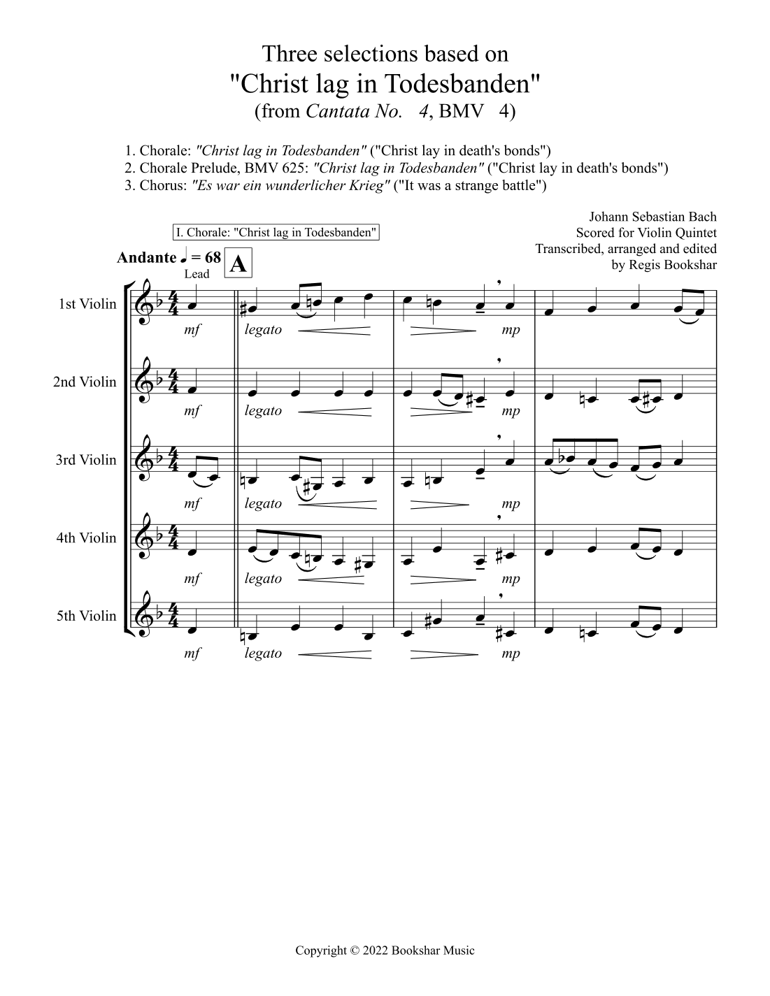 Three selections based on "Christ lag in Todesbanden" (Violin Quintet) (arr. Regis Bookshar)