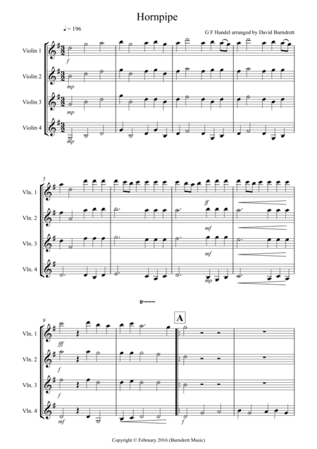 Hornpipe from Handel's Water Music for Violin Quartet (arr. David Burndrett)