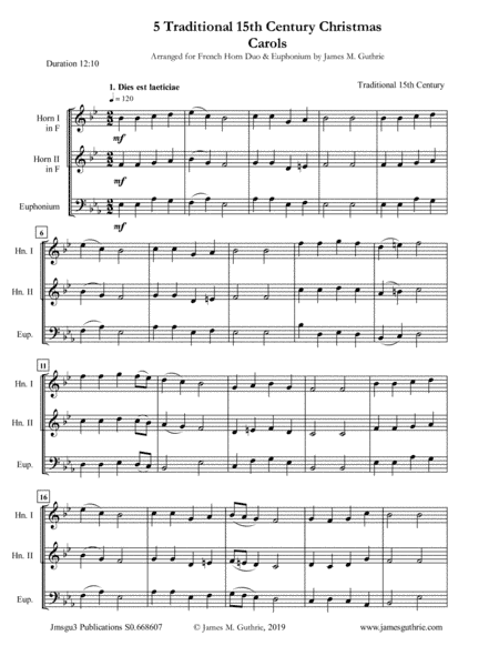 5 Traditional 15th Century Christmas Carols for French Horn Duo & Euphonium (arr. James M. Guthrie, ASCAP)