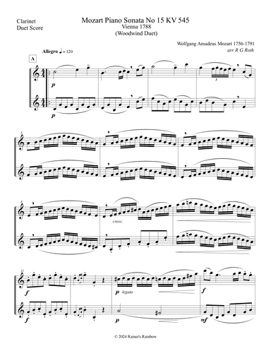 Mozart 1788 KV 545 Piano Sonata Clarinet Duet Score Parts (arr. R G Roth)