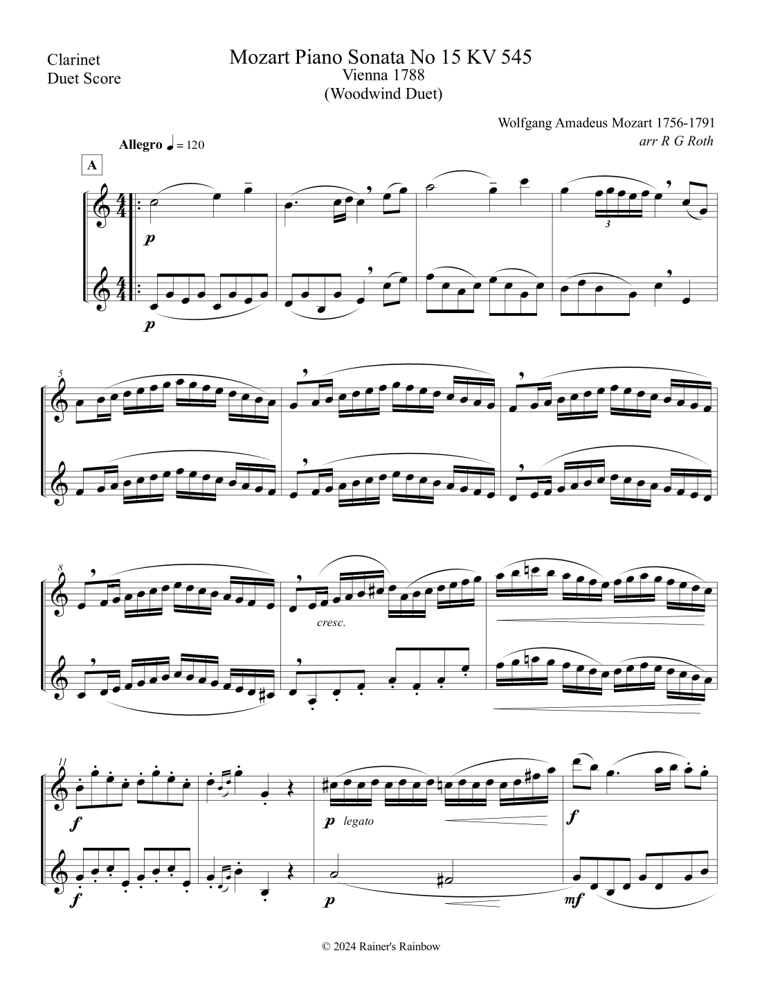 Mozart 1788 KV 545 Piano Sonata Clarinet Duet Score Parts (arr. R G Roth)