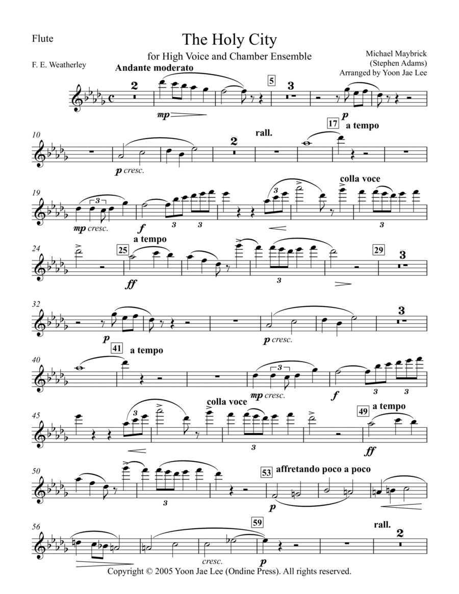 The Holy City for High Voice and Chamber Ensemble in D Flat Major - Set of Parts (arr. Yoon Jae Lee)