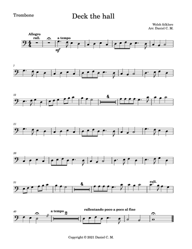 Deck the hall for trombone and piano (easy) (arr. Daniel C. M.)