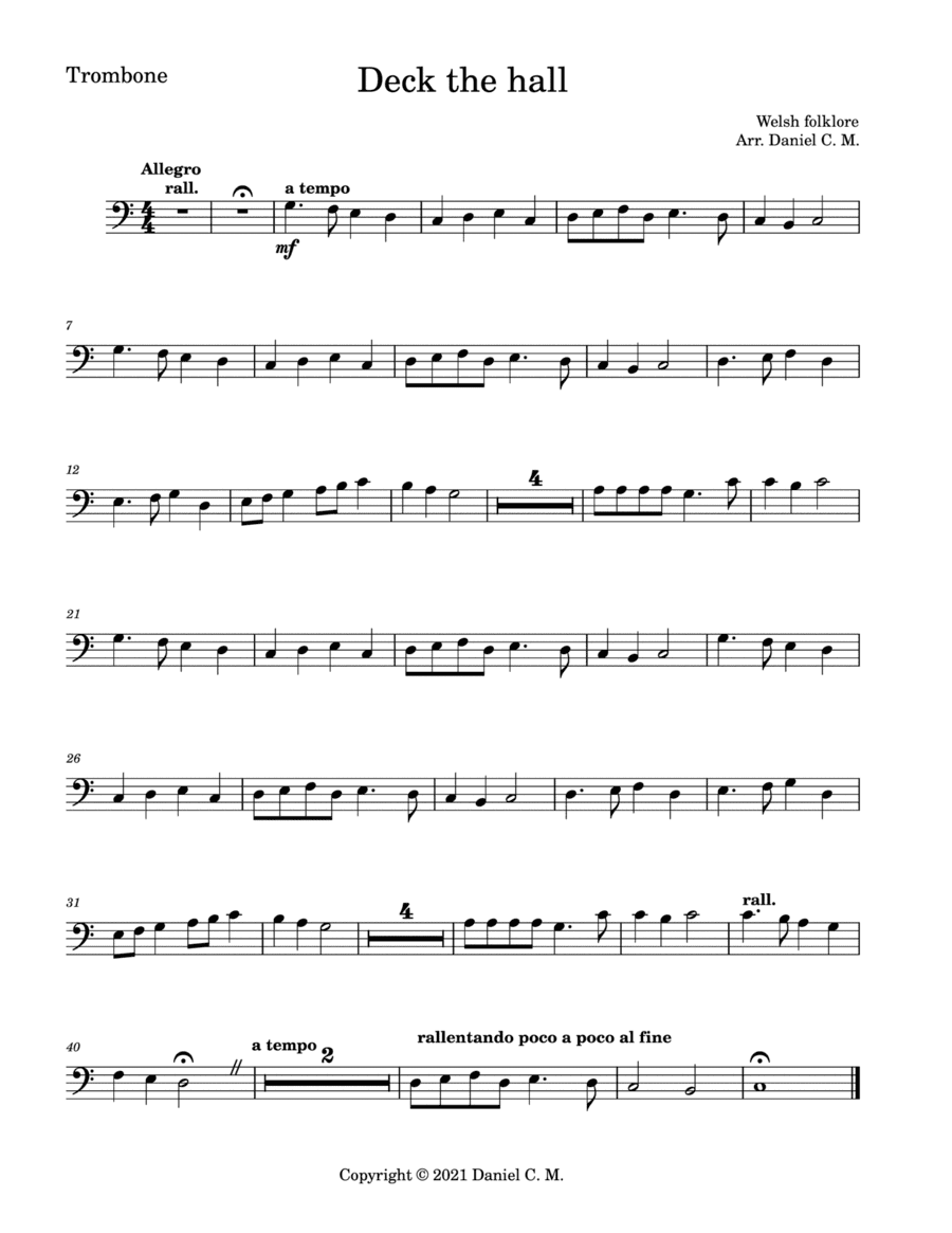 Deck the hall for trombone and piano (easy) (arr. Daniel C. M.)