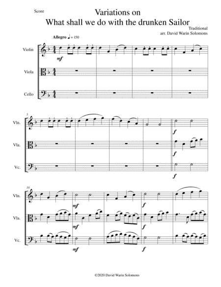 Variations on What shall we do with the drunken sailor for string trio (arr. David Warin Solomons)