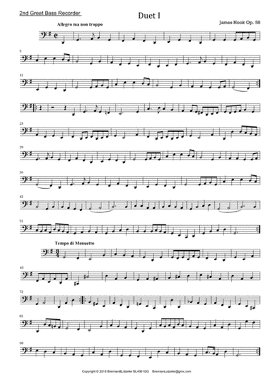 James Hook, 6 Duetts op. 58  for 2 Great Bass Recorders 2nd part (arr. B. Brennan)
