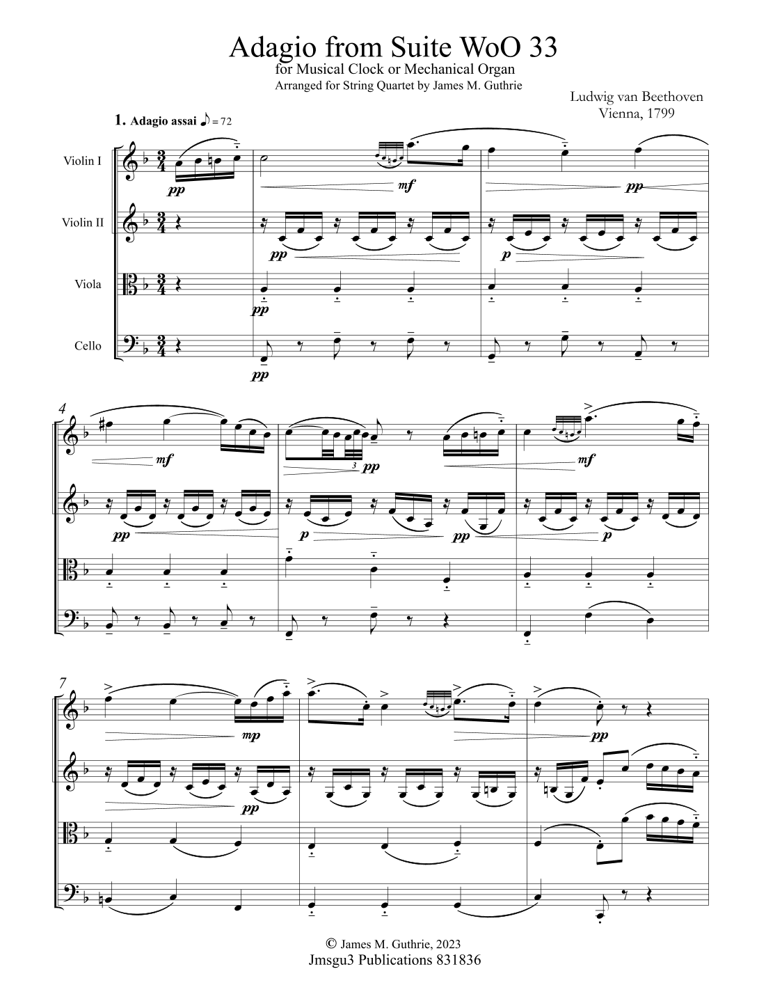 Beethoven: Adagio from Suite WoO 33 for String Quartet (arr. James M. Guthrie, ASCAP)