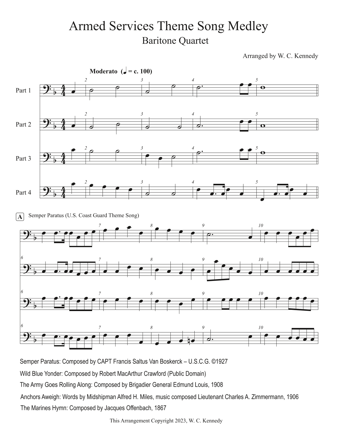 U.S. Armed Forces Theme Song Medley (Baritone or Trombone quartet) (arr. W. C. Kennedy)