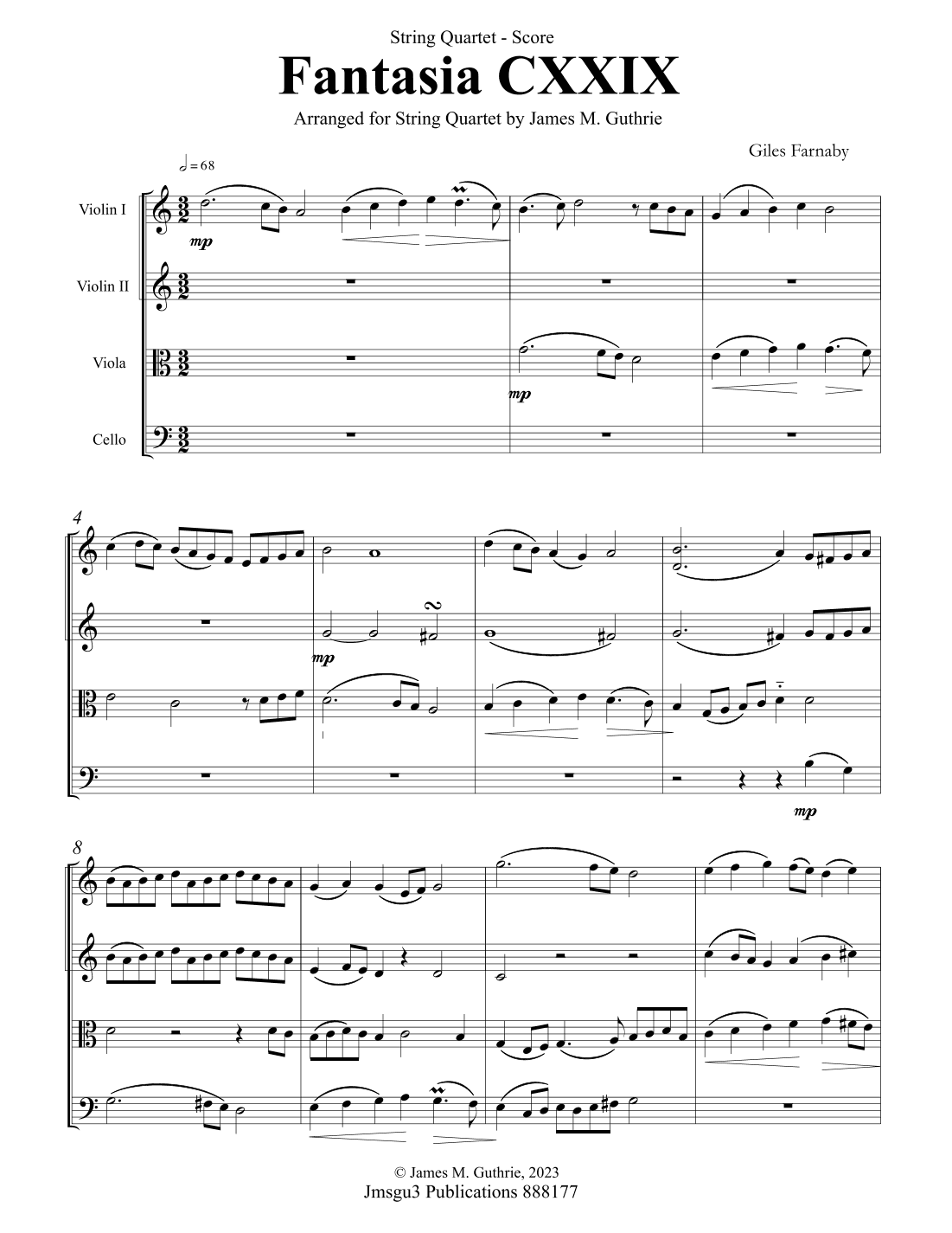 Farnaby: Fantasia CXXIX for String Quartet - Score Only (arr. James M. Guthrie)