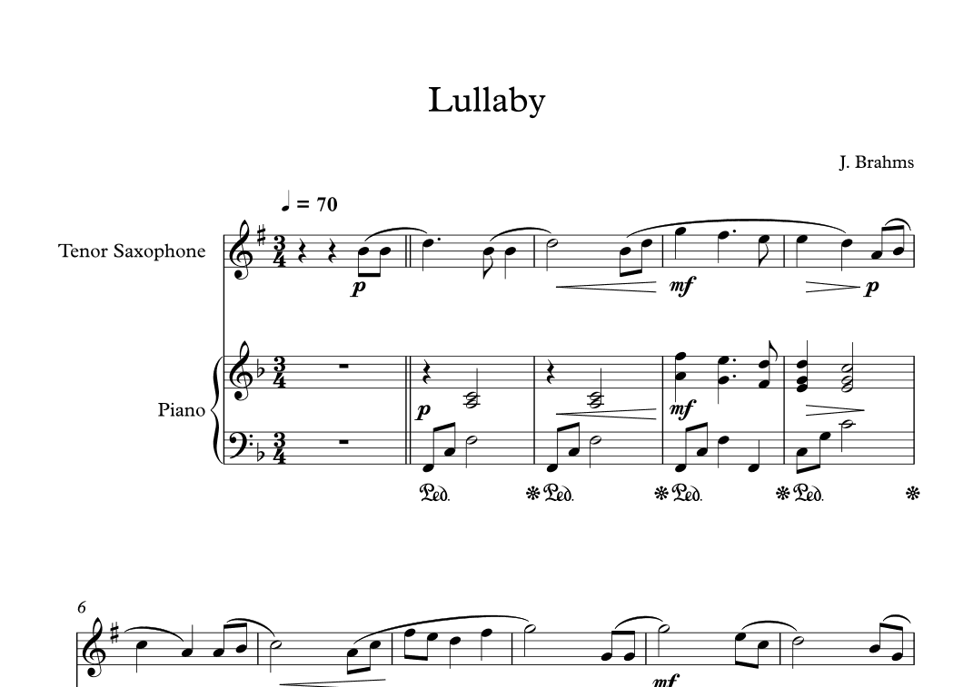 Lullaby - Johannes Brahms (Tenor Sax + Piano) (arr. Digital Book Music)