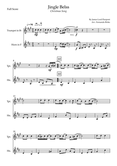 Jingle Bells - Jazz Version (Christmas Song) for Trumpet in Bb & Horn in F Duo (arr. Fernando Britto)