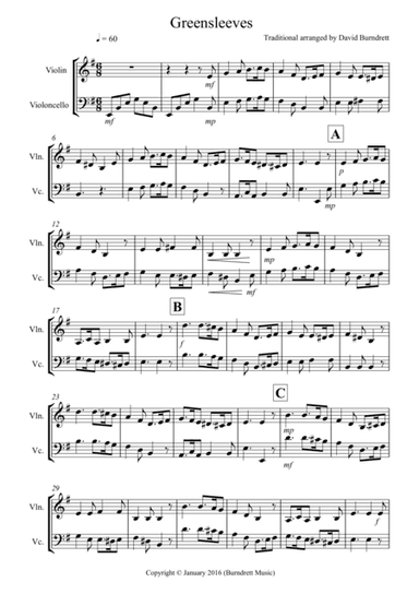 Greensleeves for Violin and Cello Duet (arr. David Burndrett)