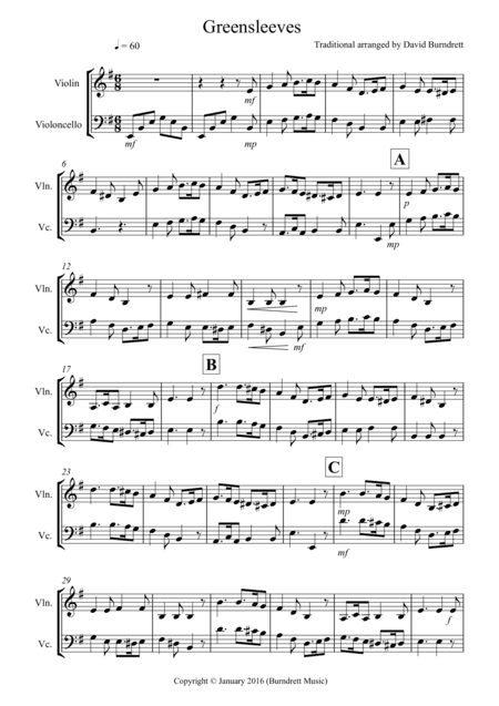 Greensleeves for Violin and Cello Duet (arr. David Burndrett)