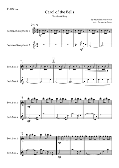 Carol of the Bells in Jazz Version (Christmas Song) for Soprano Saxophone Duo (arr. Fabio Britto)