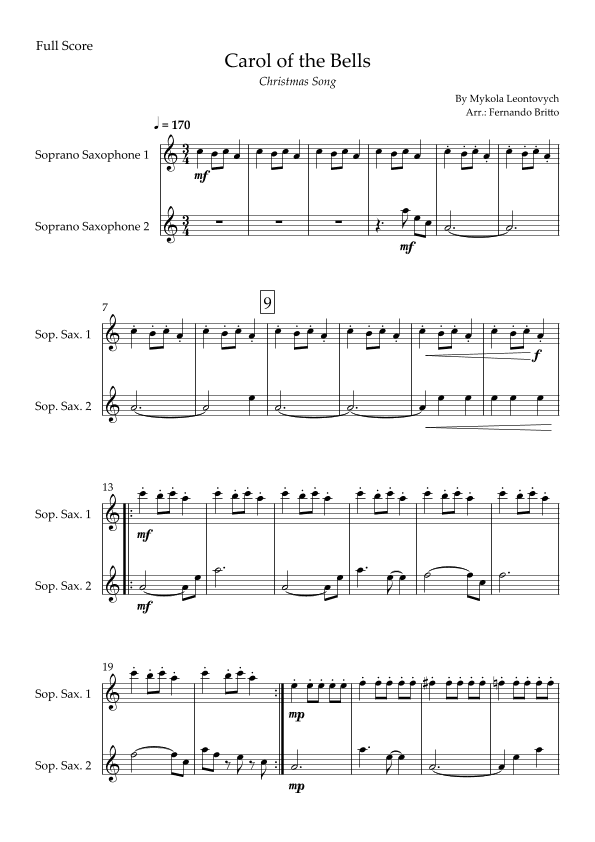 Carol of the Bells in Jazz Version (Christmas Song) for Soprano Saxophone Duo (arr. Fabio Britto)
