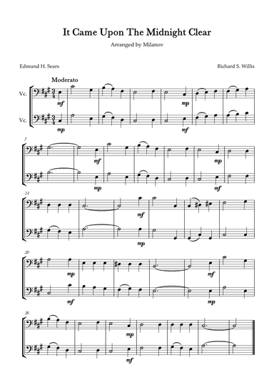 It Came Upon The Midnight Clear Cello Duet in A Easy Intermediate (arr. Milanov)