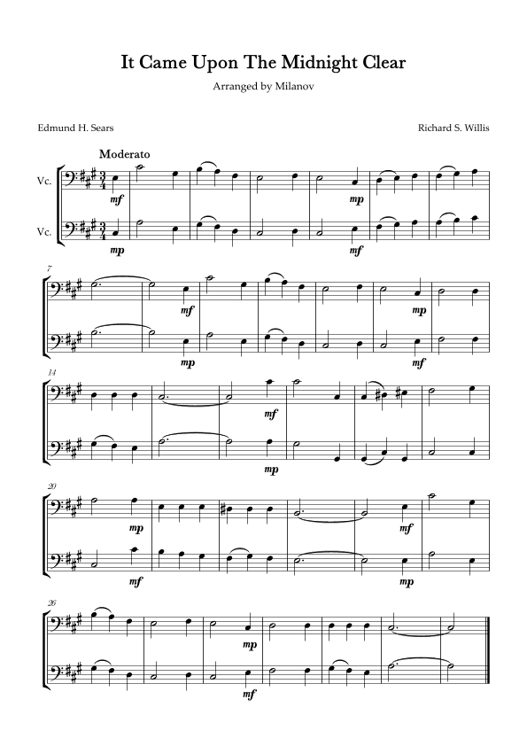 It Came Upon The Midnight Clear Cello Duet in A Easy Intermediate (arr. Milanov)