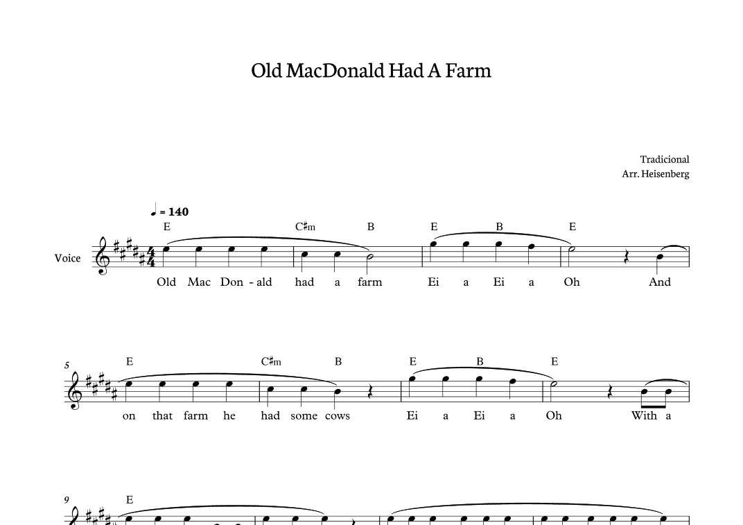 Old MacDonald Had a Farm for voice in B major (arr. Heisenberg)