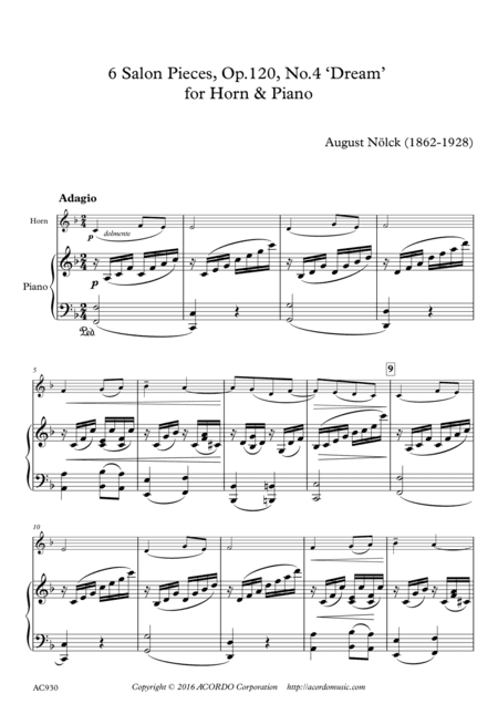 6 Salon Pieces, Op.120, No.4 ‘Dream’ for Horn & Piano (arr. Mikio Kamada)