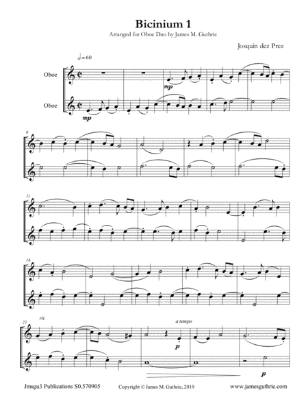 Josquin: Bicinium 1 for Oboe Duo (arr. James M. Guthrie)