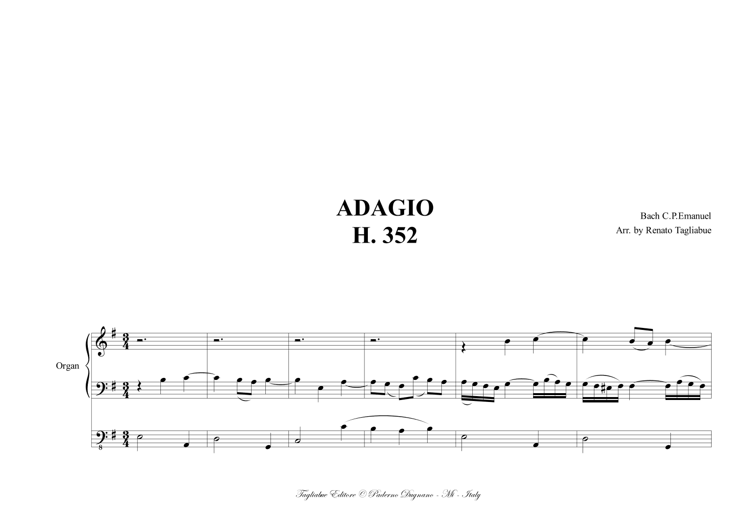 ADAGIO, H 352 - Arr. for Organ 3 staff (arr. Renato Tagliabue)