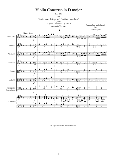 Violin Concerto No.9 Op.3 in D major RV 230 for Violin solo, Strings and Continuo (arr. Santino Cara)