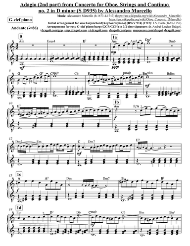 Marcello (Alessandro) - Adagio (2nd part) from Concerto for Oboe - G-clef piano (GCP) arr. in Aminor (arr. Andrei-Lucian Dragoi)