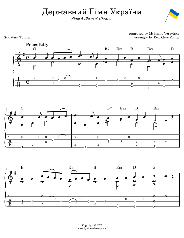 State Anthem Of Ukraine (fingerpicking guitar tablature) (arr. Kyle Gray Young)