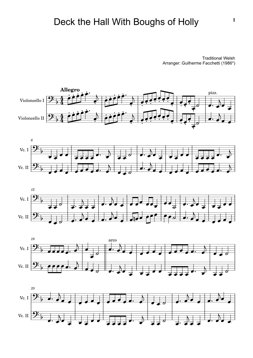 Deck the Hall With Boughs of Holly - Arranged for Violoncello Duet. (arr. Guilherme Facchetti)