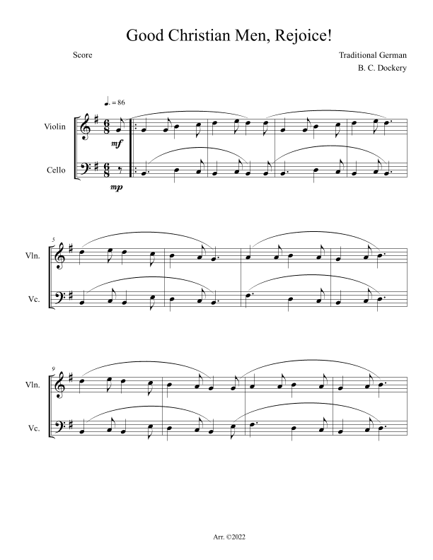 Good Christian Men, Rejoice! (Violin and Cello Duet) (arr. B. C. Dockery)