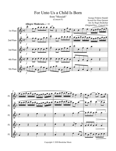 For Unto Us a Child is Born (from "Messiah") (F) (Flute Quintet) (arr. Regis Bookshar)