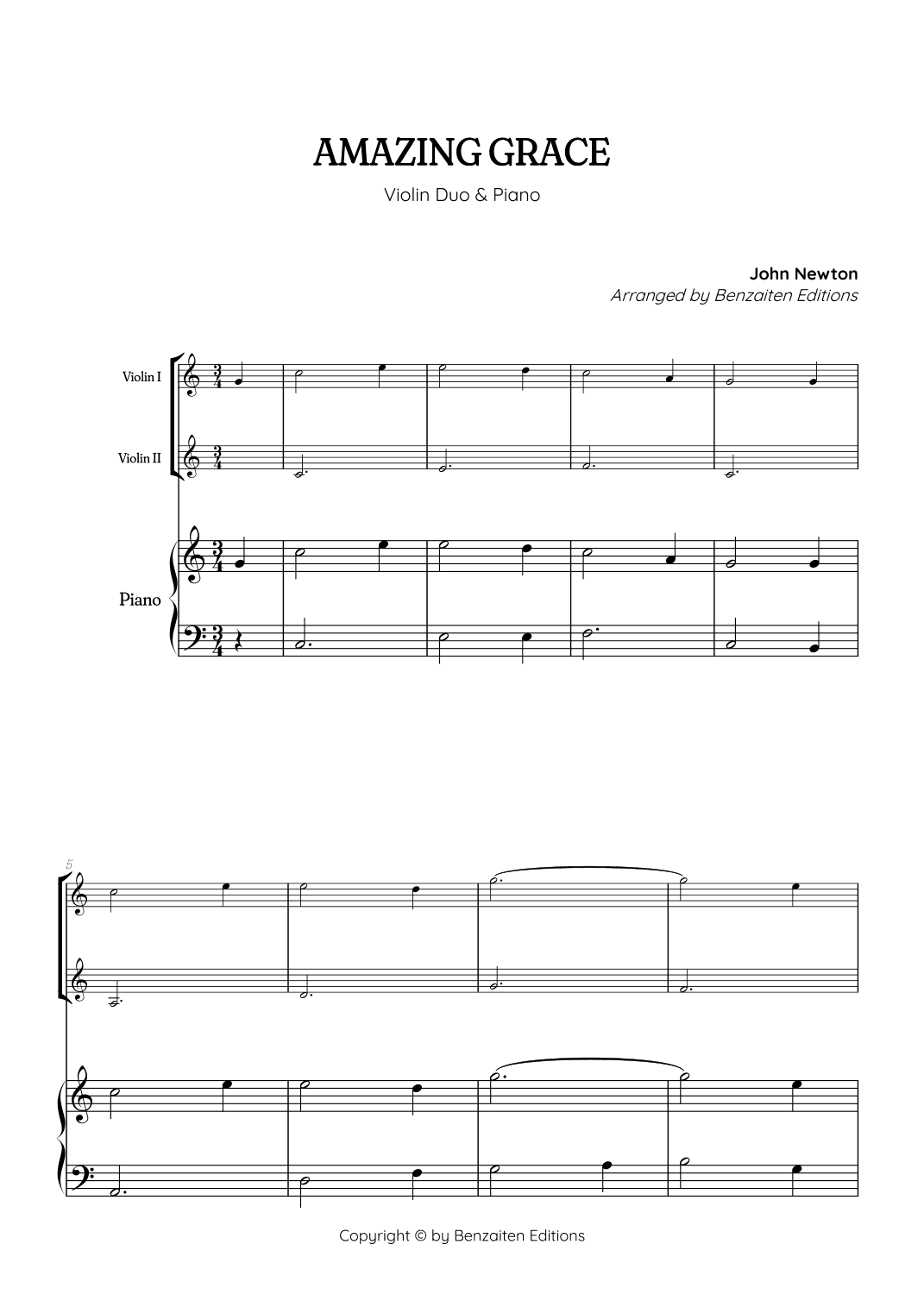 Amazing Grace • super easy violin duet sheet music with piano accompaniment (arr. Benzaiten Editions)