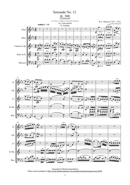 Mozart: Serenade No.12 in C minor "Nachtmusik" K388 Mvt.II Andante - wind quintet (arr. Ray Thompson)