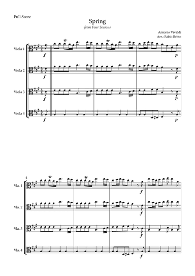 Spring (from Four Seasons of Antonio Vivaldi) for Viola Quartet (arr. Fabio Britto)