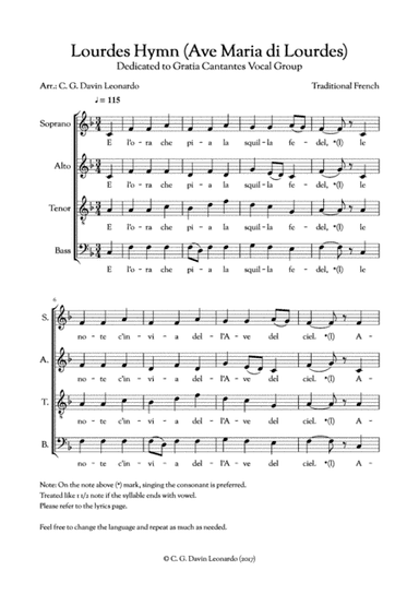 Lourdes Hymn (Ave Maria di Lourdes) - Traditional French - for 4 voices (SATB) (arr. C. G. Davin Leonardo)