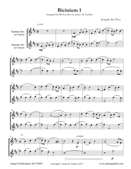 Josquin: Bicinium 1 for Bb Sax Duo (arr. James M. Guthrie)