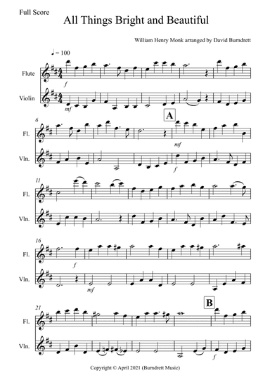 All Things Bright and Beautiful for Flute and Violin Duet (arr. David Burndrett)