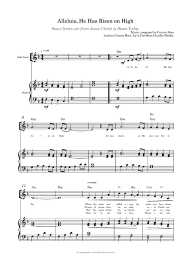 Alleluia, He Has Risen on High - solo and piano (arr. Connie Boss)