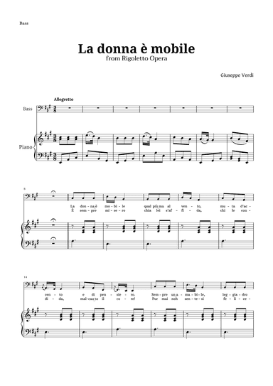La donna è mobile in A major for Bass and Piano (arr. Langanho)