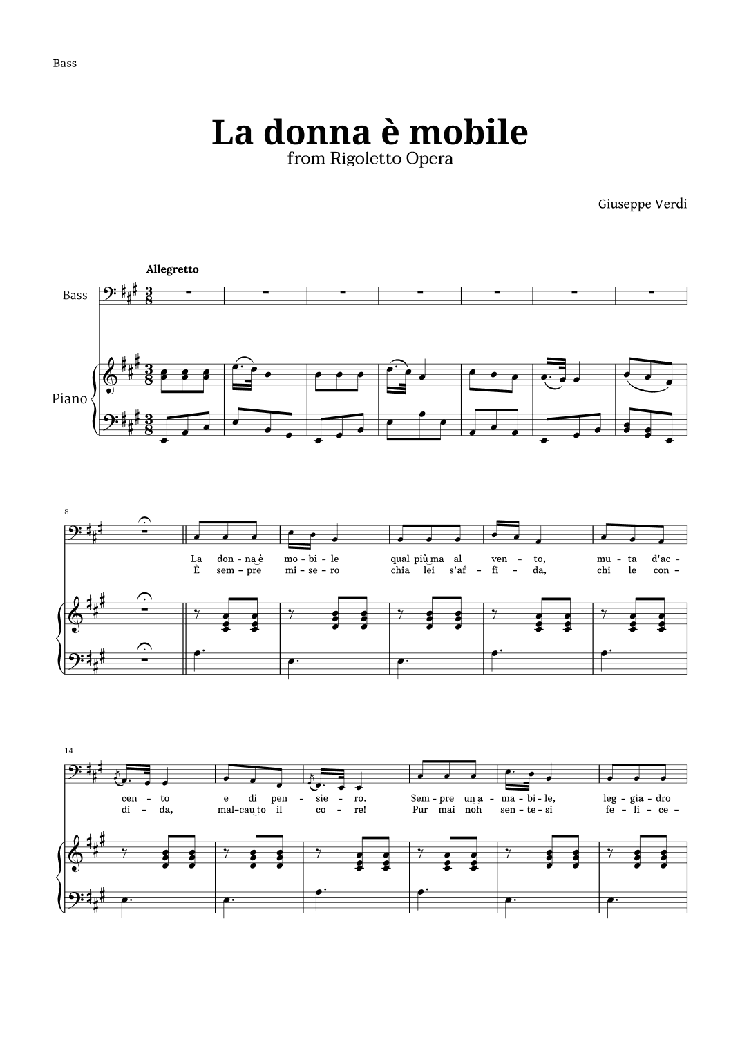 La donna è mobile in A major for Bass and Piano (arr. Langanho)