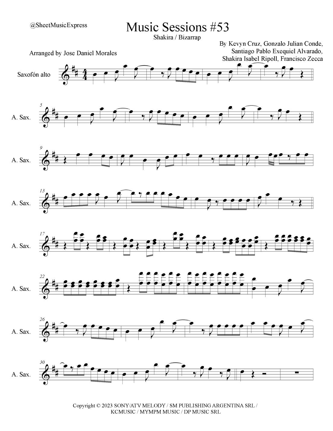 Shakira: Bzrp Music Sessions Vol. 53 (arr. Sheet Music Express)
