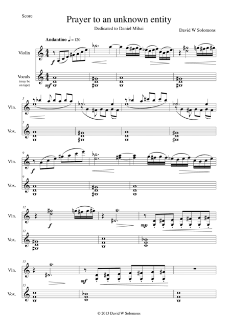 Prayer to an unknown entity for violin and choral backing