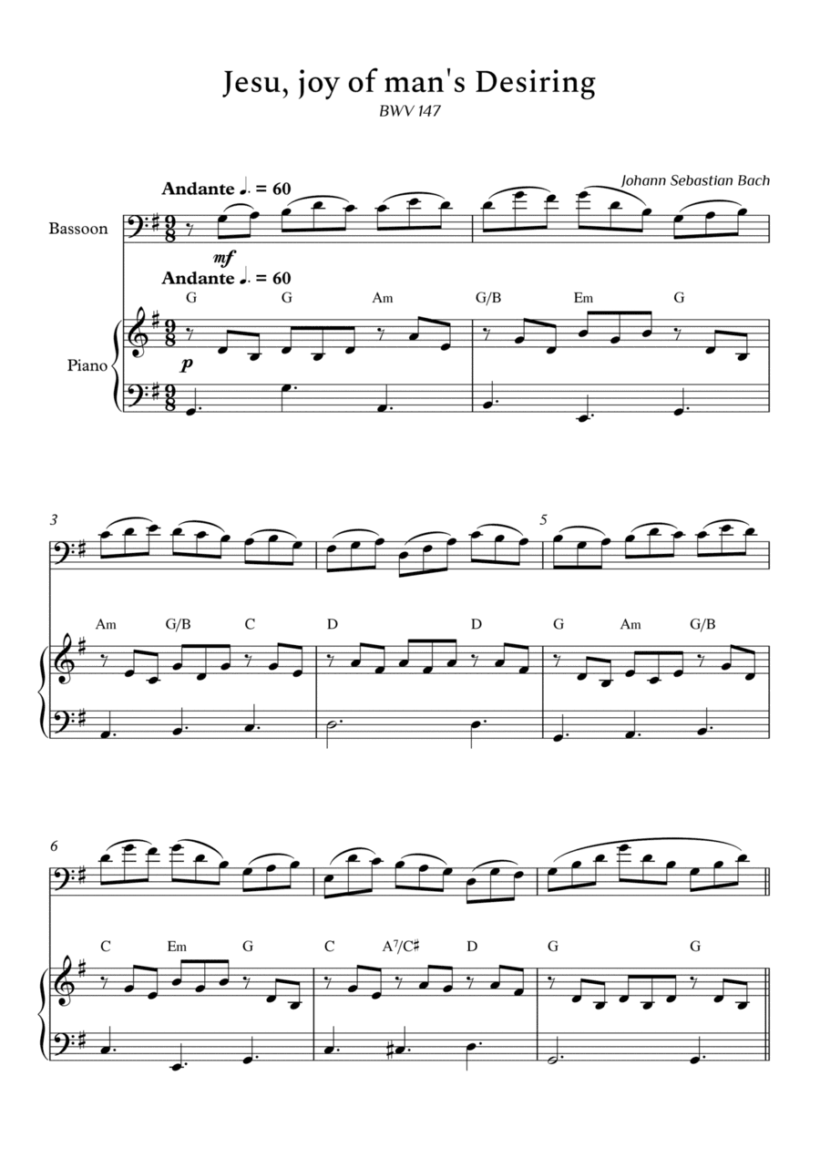 Jesu, Joy of Man's Desiring for Bassoon and Piano (Arpeggios With Chords) - Score and Parts (arr. Cássio Silva Chaves)