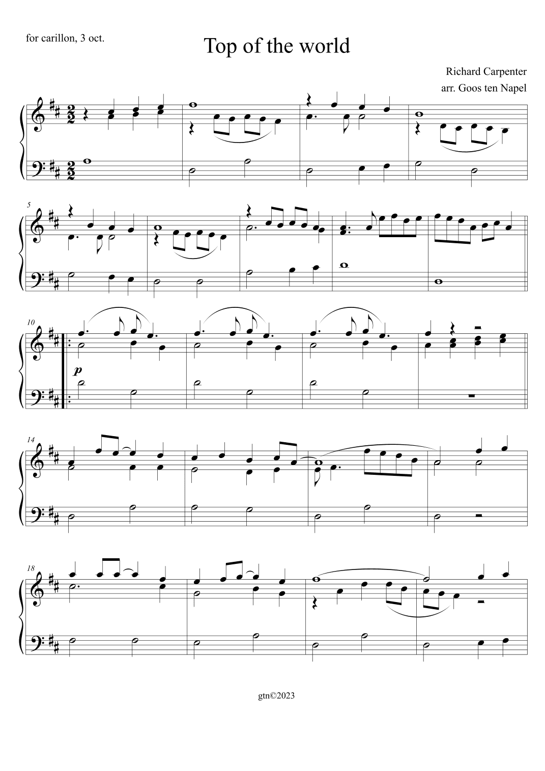 Top Of The World (arr. Goos ten Napel)