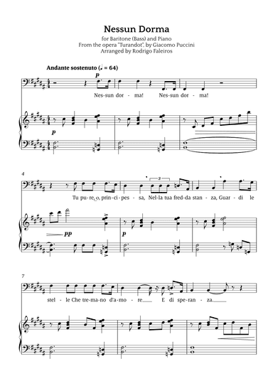 Nessun Dorma (for baritone or bass and piano) (arr. Rodrigo Faleiros)