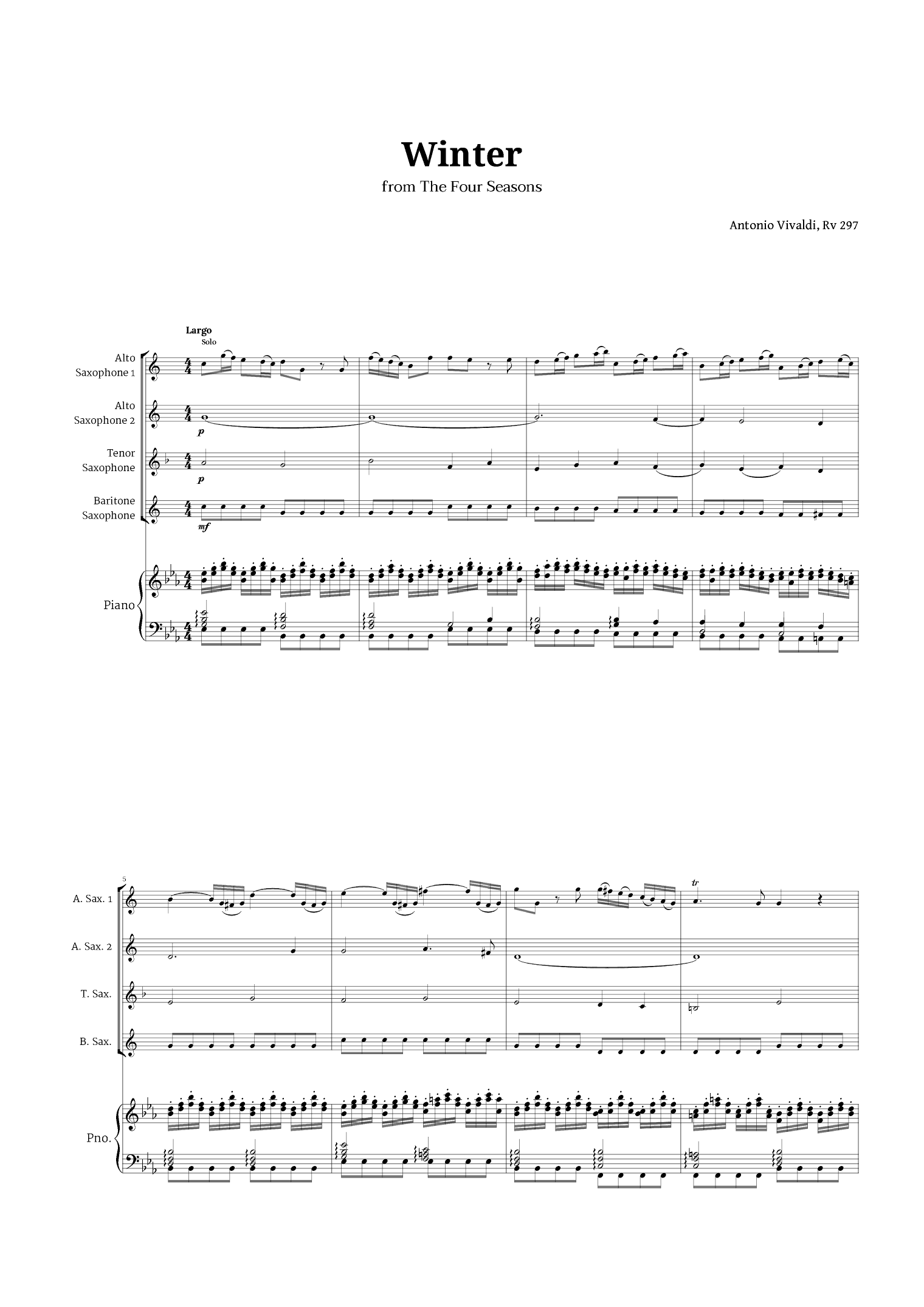 Largo from Winter by Vivaldi for Sax AATB Quartet and Piano (arr. Langanho)