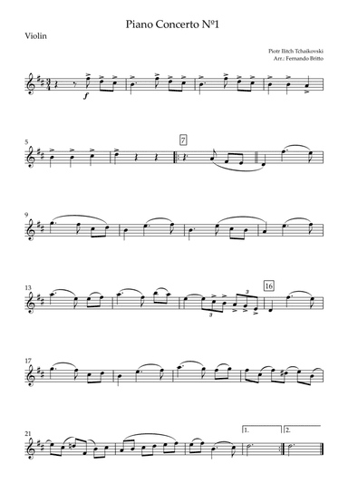 Piano Concerto Nº 1 - 1st Mov. Theme (P. Tchaikovsky) for Violin Solo (D Major) (arr. Fernando Britto)