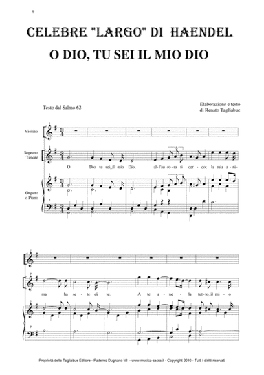 LARGO from Xerxes - O DIO, TU SEI IL MIO DIO - Arr. for Soprano (or Tenor), Violin in counterpoint a (arr. R. Tagliabue)